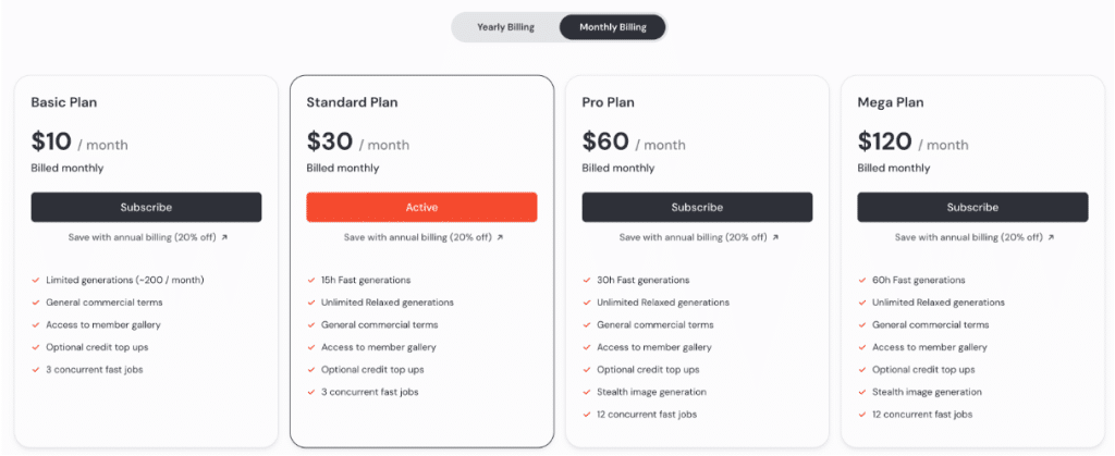 pricing of Midjourney AI image generator